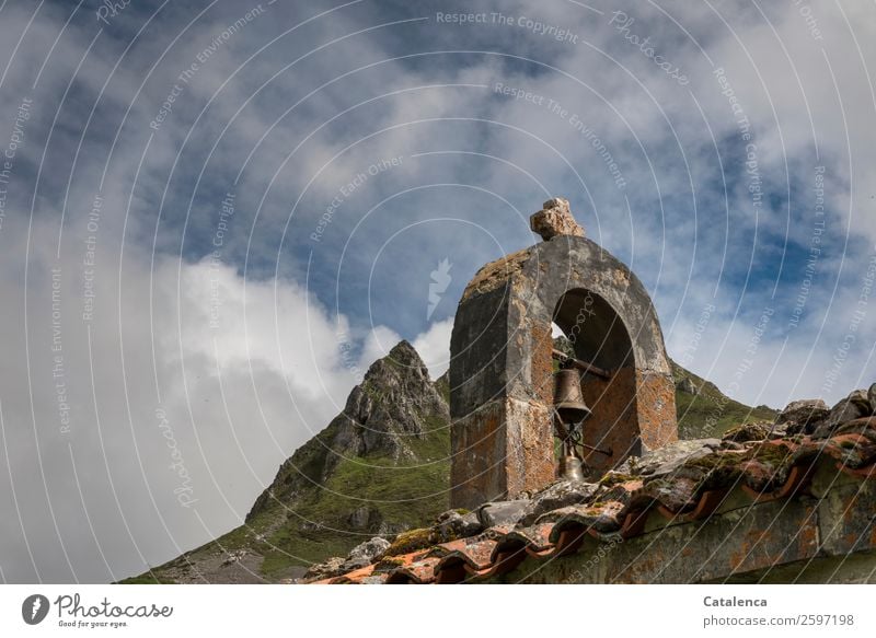 Towards heaven, church bell Mountain Hiking Nature Sky Clouds Spring Beautiful weather Peak Alpine pasture Scree Church Building mountain chapel Roof bell arch