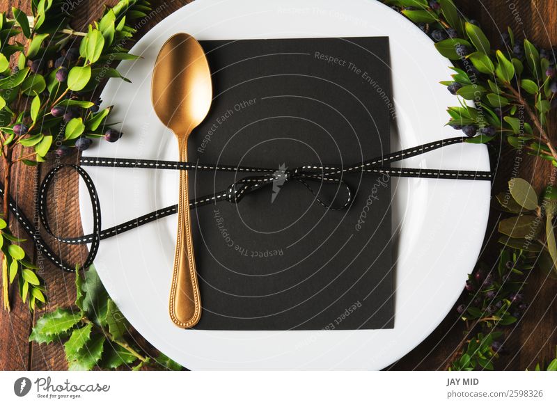 menu place setting with empty card and golden spoon over Food Dinner Plate Cutlery Spoon Style Design Winter Decoration Table Restaurant Feasts & Celebrations