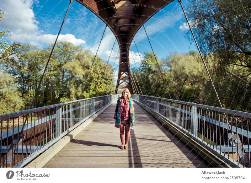 young woman on wooden bridge in Frankfurt 1 Person Young woman Beautiful weather Blue sky Clouds Happiness Free Walking To go for a walk Bridge Wooden bridge
