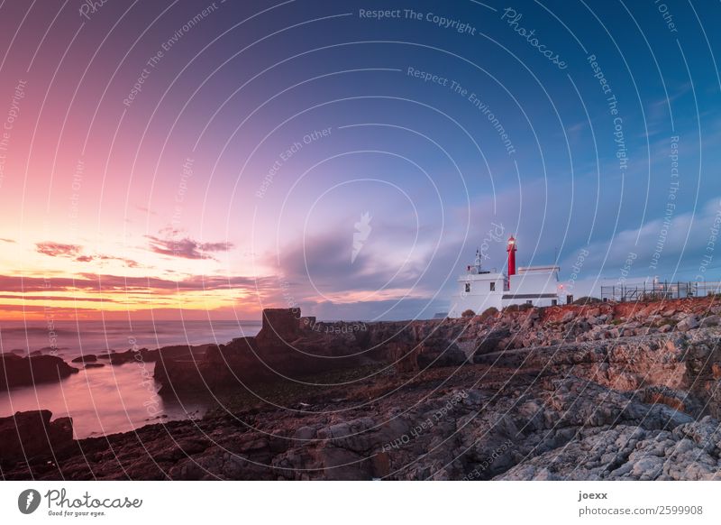 Lighthouse Cabo Raso at rocky coast at sunset Portugal Sky Rock Building Red Orange Blue Landscape seascape Ocean Horizon Exterior shot Colour photo