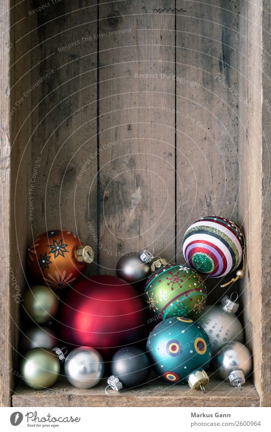 Christmas balls in a wooden box Style Decoration Christmas & Advent Brown Multicoloured Background picture Grunge Sphere Glass ball Glitter Ball