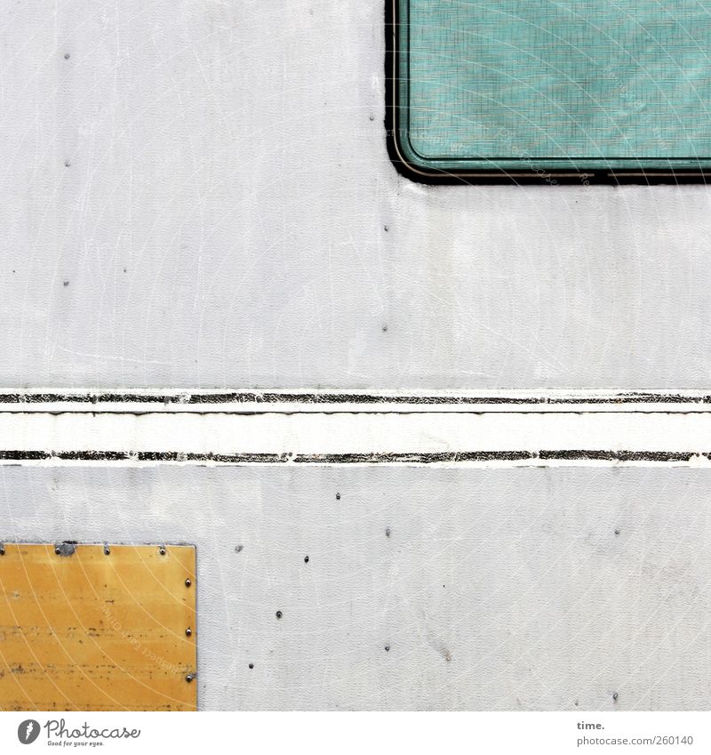 patchwork Means of transport Mobile home Caravan Mobility Arrangement Stagnating Tradition Decline Car Window Molding Green Yellow White Gray Window frame Nail