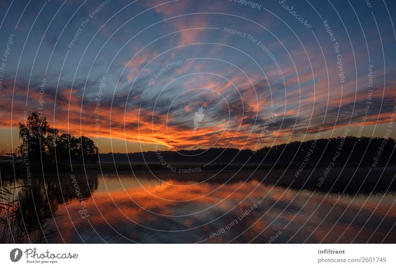 Sunrise over the lake Environment Nature Landscape Water Sky Clouds Sunset Autumn Beautiful weather Forest Lakeside Esthetic Natural Blue Yellow Orange Red