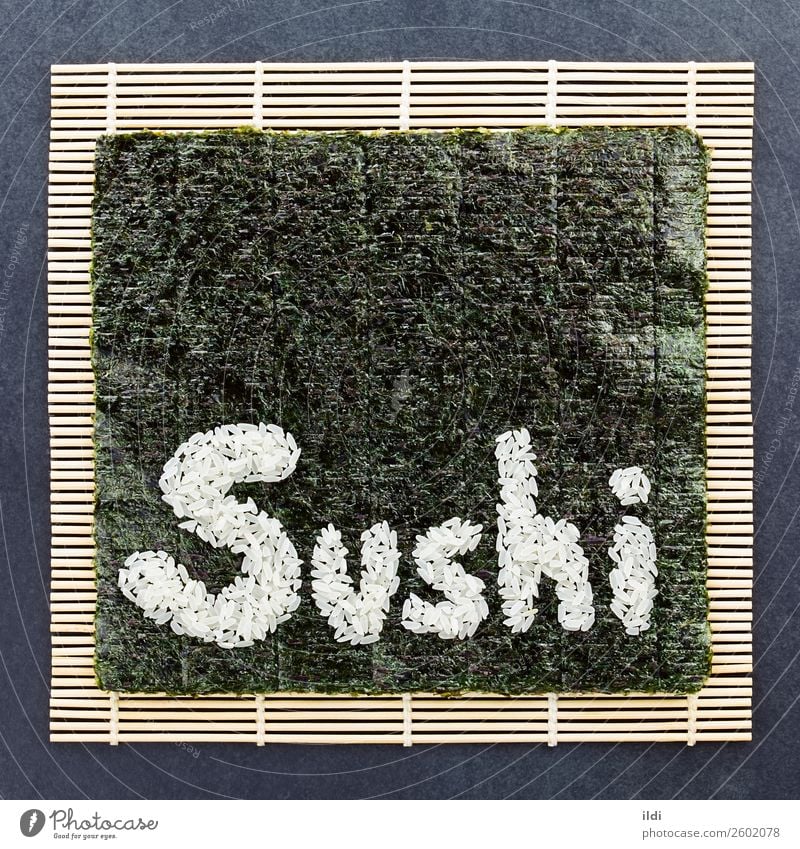 Sushi Healthy food cooking nori Seaweed makisu Mat bamboo mat Japanese Rice sushi rice letter Word conceptual sheet Asian grain spelled Written Writing