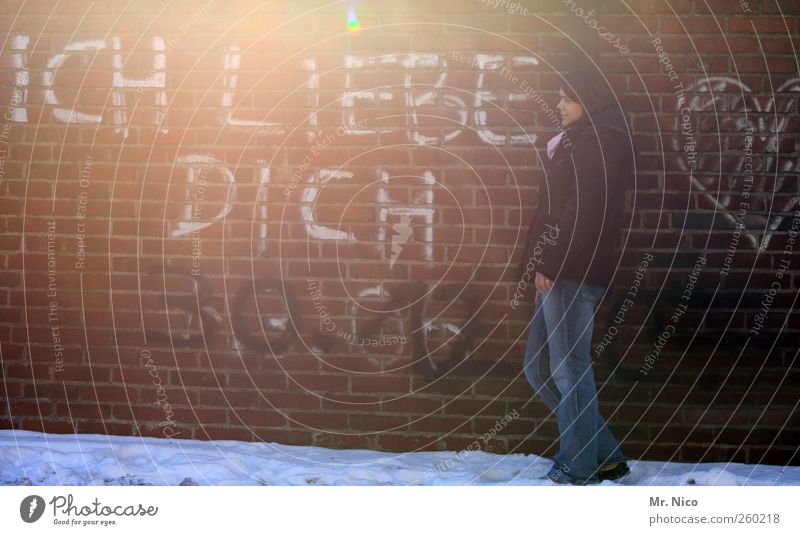 without words ! Woman Adults Snow Building Wall (barrier) Wall (building) Jeans Jacket Emotions Happy Sympathy Friendship Love Infatuation Graffiti Lean Dream