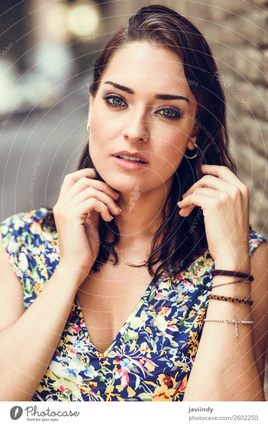 Beautiful woman with blue eyes standing next to brick wall Lifestyle Style Hair and hairstyles Summer Human being Feminine Young woman Youth (Young adults)