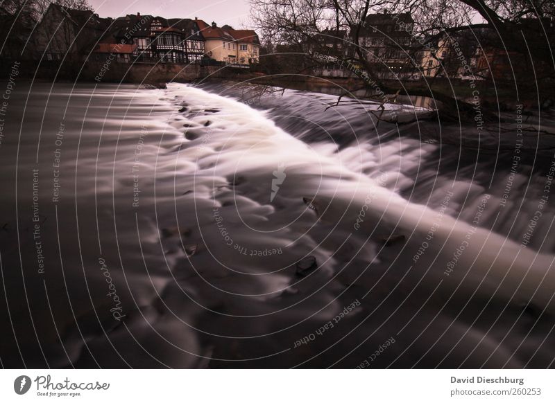 You hear that noise? Nature Landscape Water Winter Plant River bank Black White Waterfall Surface of water Weir Cold Marburg Hesse Lahn Colour photo