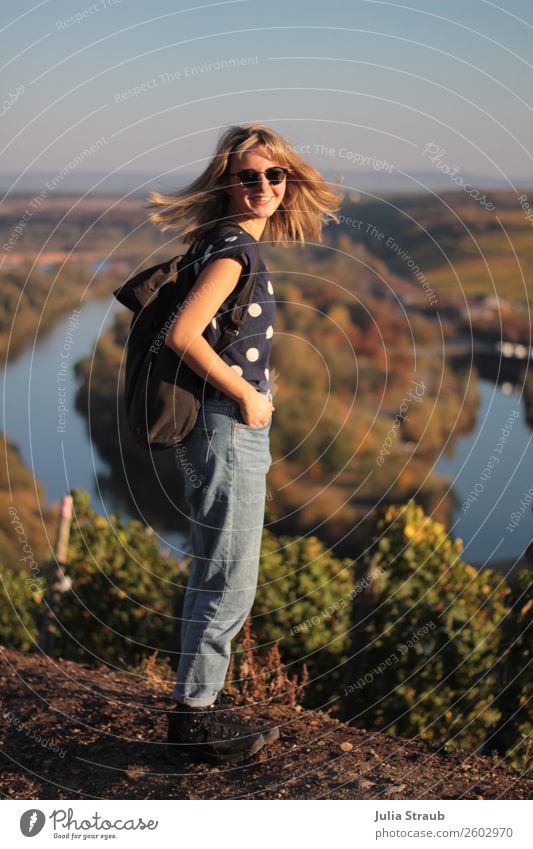Hiking autumn main loop Feminine Woman Adults 1 Human being 18 - 30 years Youth (Young adults) Nature Landscape Cloudless sky Sunlight Autumn Tulip Vine Hill