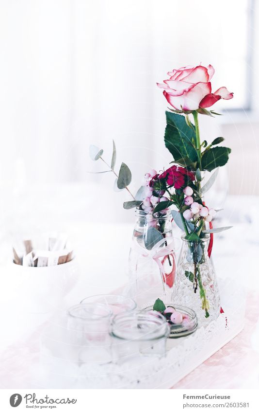 Floral wedding decoration Plant Rose Love Wedding Registry Decoration Vase Glass Tray White Pink Feasts & Celebrations Colour photo Interior shot
