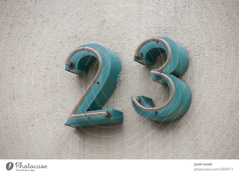 twenty-three Wall (building) House number 23 Retro Gray Design Digits and numbers Plaster Tilt Subdued colour Detail Neutral Background Turquoise Copy Space