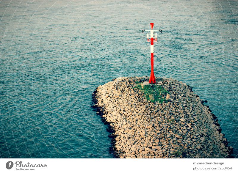 Rhine River bank Calm Surface of water Break water Signal station Colour photo Exterior shot Deserted Copy Space left