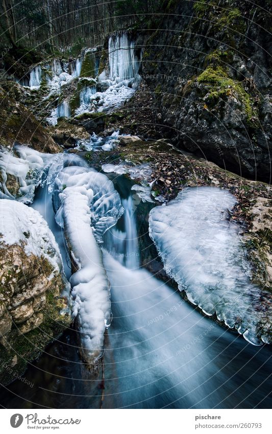 -15° Environment Nature Water Winter Ice Frost Brook Waterfall Cold Natural Blue Bizarre Colour photo Exterior shot Long exposure Motion blur Wide angle
