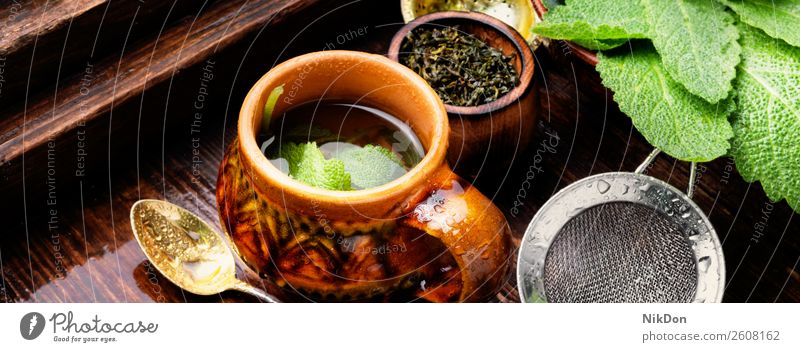 Herbal tea with sage drink cup herb plant hot salvia natural wooden herbal medicine healthy beverage green aroma freshness aromatic medicinal leaf concept rural