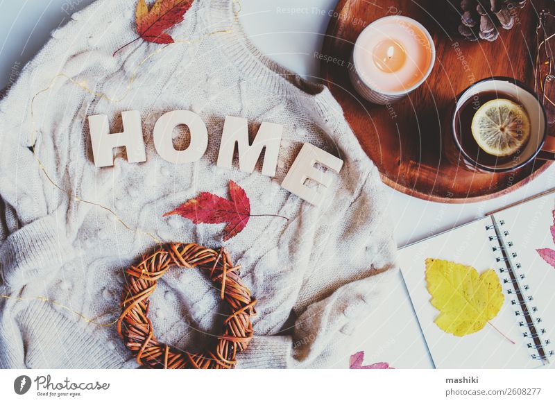 cozy autumn table, top view of still life details Lifestyle Style Leisure and hobbies Winter Table Feminine Woman Adults Autumn Warmth Leaf Fashion Clothing