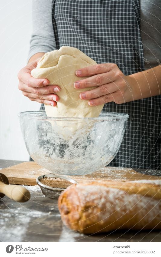 Woman kneading bread dough Bread Make Heading Hand Kitchen Apron Flour Yeast Homemade Baking Dough Human being Preparation Stir Ingredients Raw