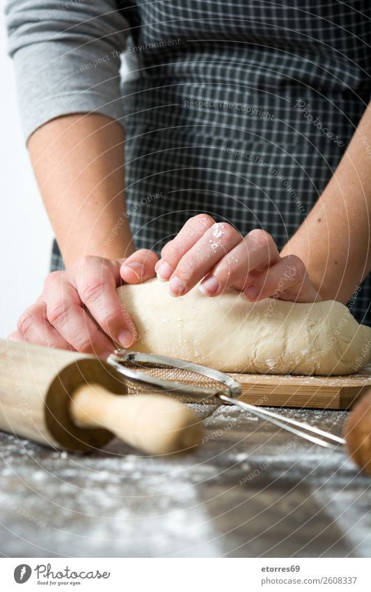Woman kneading bread dough Bread Make Hand Kitchen Apron Flour Yeast Home-made Baking Dough Human being Preparation Stir Ingredients Raw