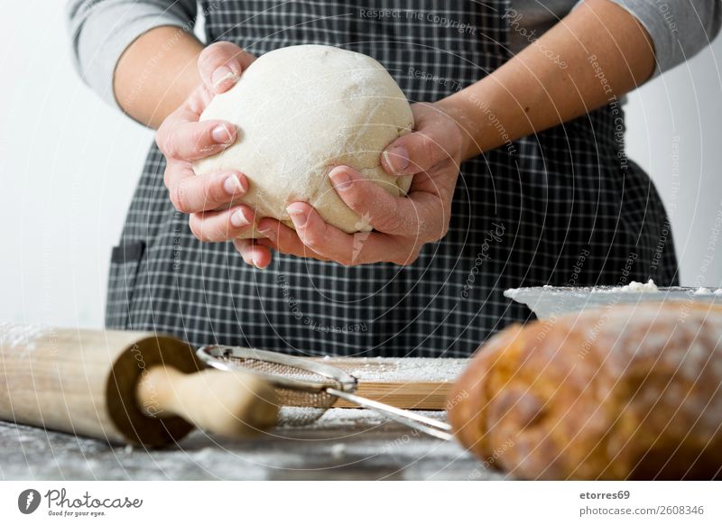 Woman kneading bread dough Bread Make Hand Kitchen Apron Flour Yeast Home-made Baking Dough Human being Preparation Stir Ingredients Raw