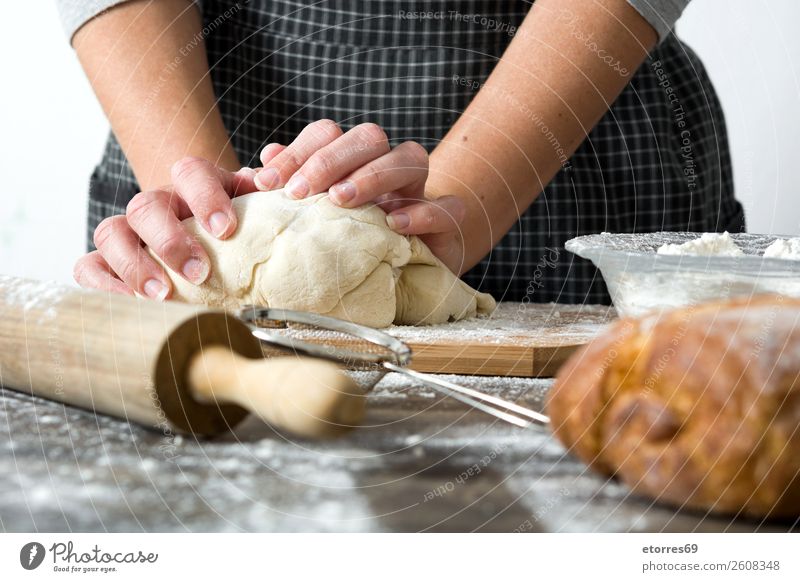 woman kneading bread dough with her hands Woman Bread Make Kneel Hand Kitchen Apron Flour Yeast Home-made Baking Dough Human being Preparation Stir Ingredients