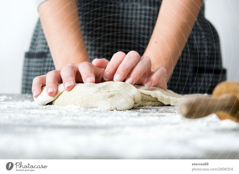 woman kneading bread dough with her hands Woman Bread Make Kneel Heading Hand Kitchen Apron Flour Yeast Home-made Baking Dough Human being Preparation Stir
