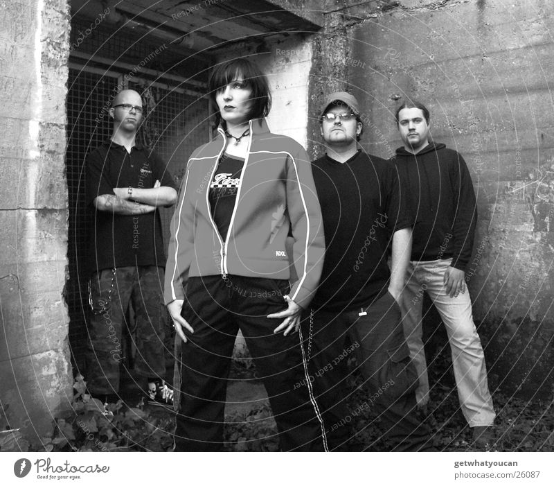 The Band 2 Woman Man Old building Entrance Concrete Cold Earnest Group Black & white photo Perspective Looking Eyes