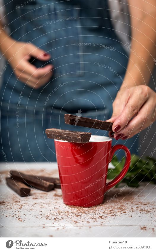 woman's hands close up holding a cup of hot chocolate Breakfast Beverage Hot drink Hot Chocolate Winter Woman Adults Hand Wood catching Hold background sweet