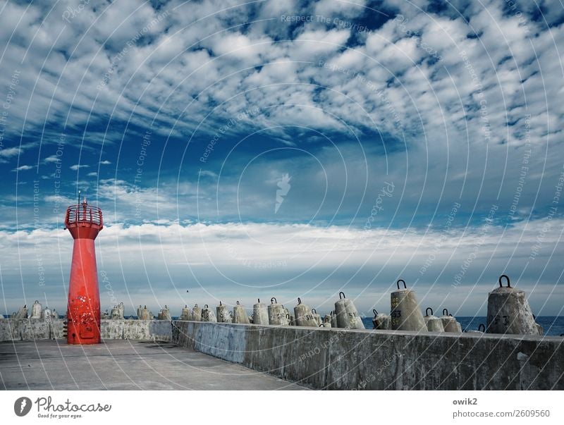 Red index finger Sky Clouds Horizon Beautiful weather Baltic Sea Kolobrzeg Kolberg Poland West Pomerania Break water Mole Lighthouse Firm Maritime Blue Gray