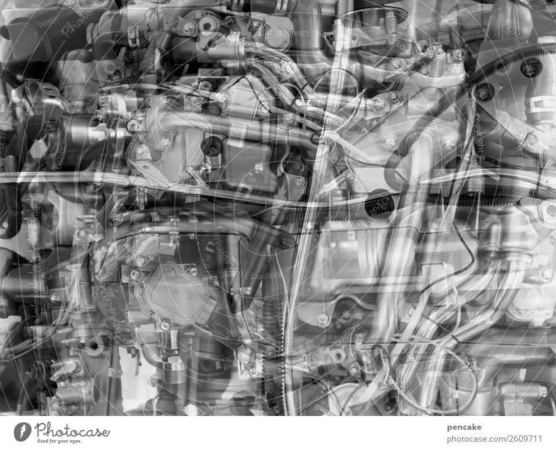 complex darn technology Hardware Machinery Engines Technology Metal Complex Double exposure Muddled Iron-pipe Cable Screw Black & white photo Interior shot