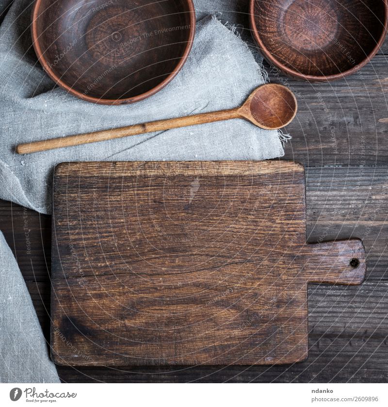 empty old cutting board Plate Bowl Spoon Table Kitchen Nature Wood Old Retro Brown background Blank chopping cook cooking Cut food Grunge Object photography