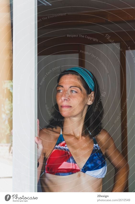 woman portrait leaning on a door side wearing swimsuit Lifestyle Joy Happy Leisure and hobbies Vacation & Travel Tourism Summer Beach Ocean Island Human being