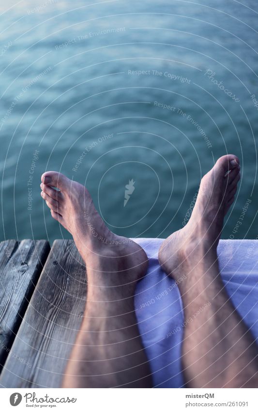 Feet up. Art Esthetic Contentment Closing time Frictionless Life Calm Remote Toes Water Surface of water Footbridge Lakeside Youth culture Youth (Young adults)