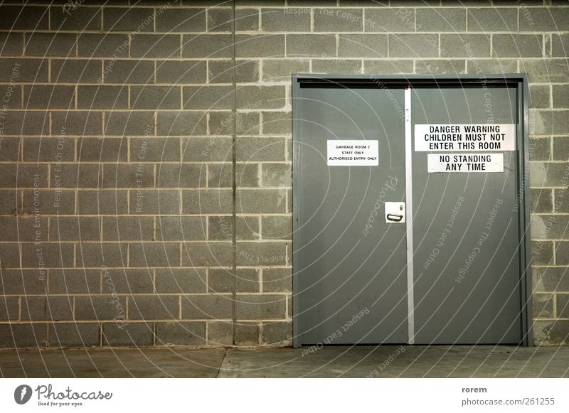 garbage room Door Brick Simple Clean Gray Trash Garage sign Text wall recycle dump urban pollute Object photography Recycling enviromental washroom lavatory