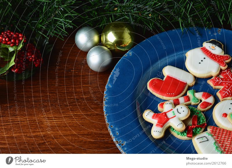 colorful Christmas cookies with festive decoration Food Dessert Winter Decoration Feasts & Celebrations Christmas & Advent Wood Ornament Delicious Red Tradition