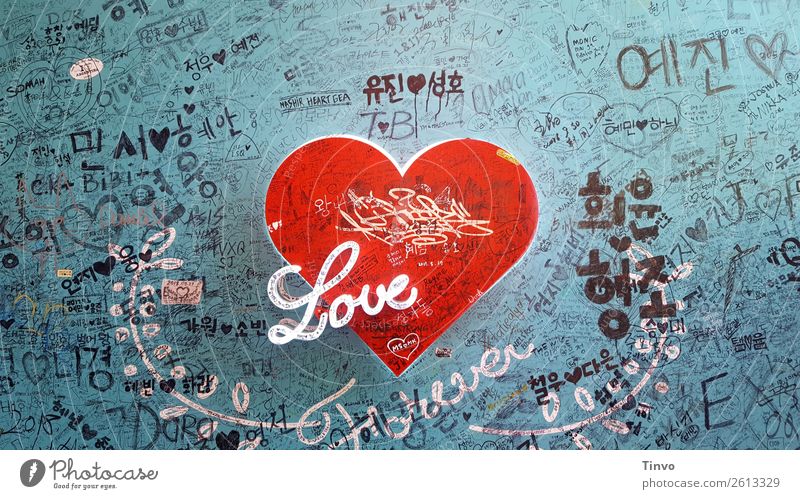 Red Heart Love Forever on blue wall with immortalizations Wall (barrier) Wall (building) Sign Characters Exceptional Blue Black White Infatuation Hope Desire
