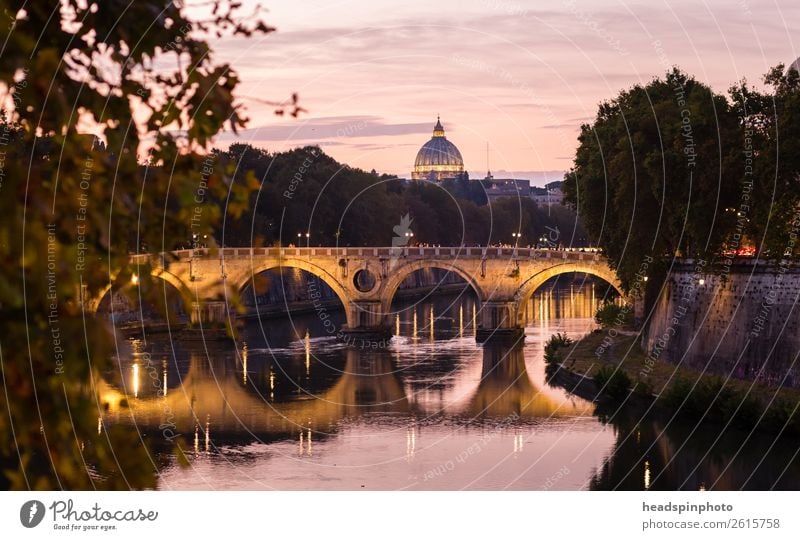 Dome of St. Peter's Cathedral, bridge and Tiber after sunset Vacation & Travel Tourism Trip City trip Summer River bank Rome Italy Vatican Town Capital city
