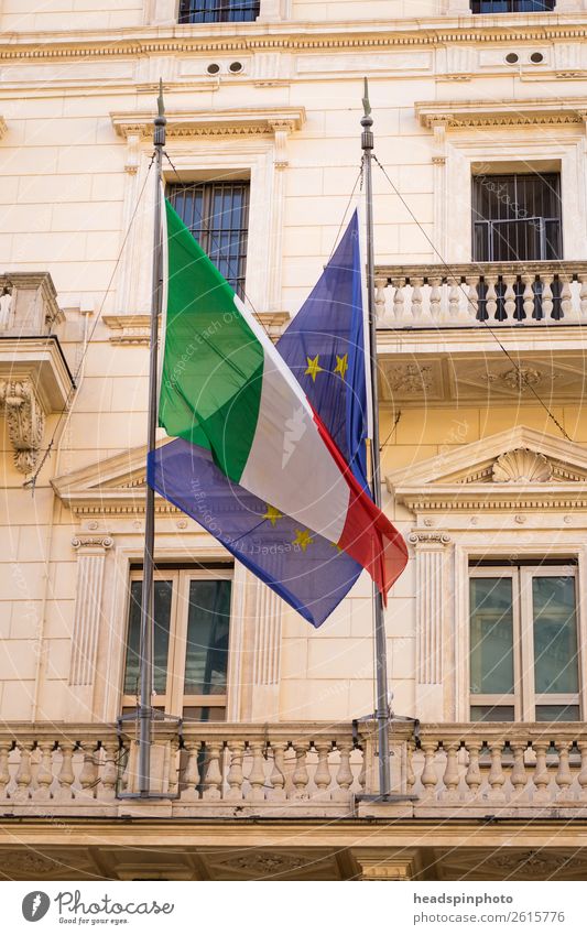 Flag of Europe and Italy in a hug Rome Landmark Emotions Trust Thrifty Fear of the future Effort Symbols and metaphors European European flag