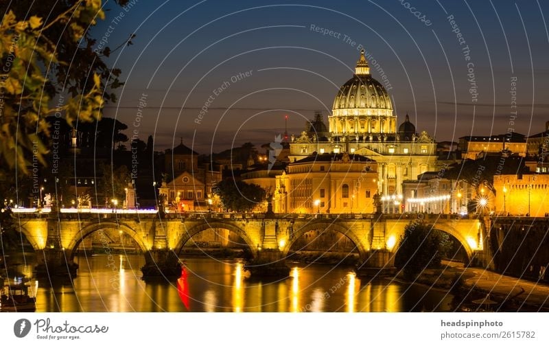 The illuminated St. Peter's Basilica in Rome after sunset Summer River bank Italy Vatican Town Capital city Downtown Skyline Church Dome Bridge