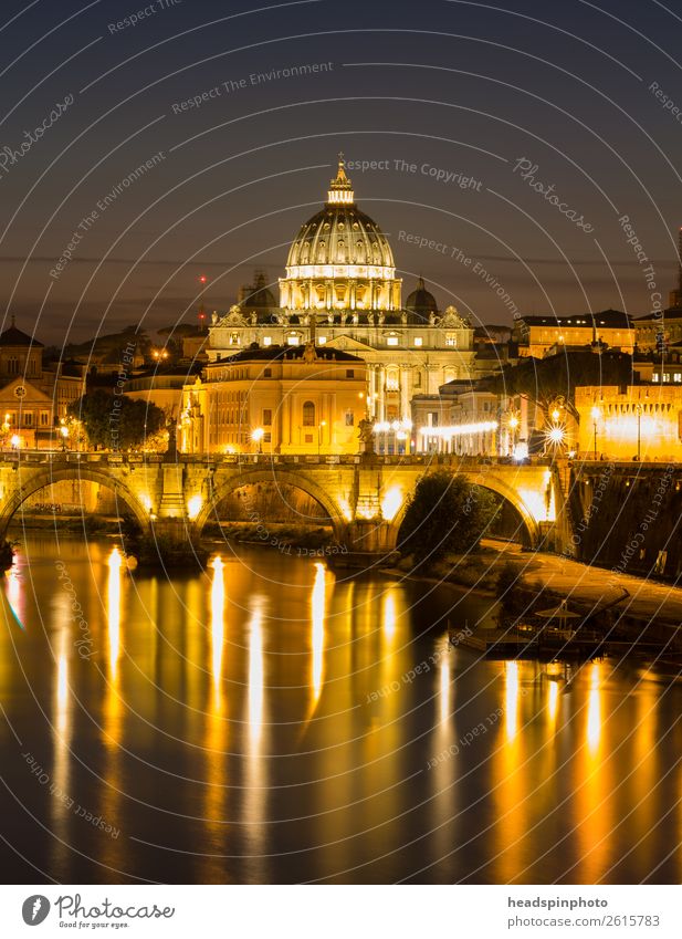 St. Peter's Basilica in Rome with reflections in the Tiber after sunset Night sky Summer River Vatican Capital city Downtown Church Dome Manmade structures