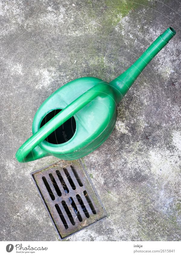 Green watering can Living or residing Deserted Terrace Gully Watering can Simple Gardening Colour photo Exterior shot Day Light Contrast Bird's-eye view