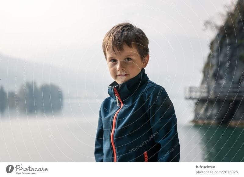 Autumn fog at the lake Adventure Hiking Child Face 1 Human being 3 - 8 years Infancy Nature Fog Lake Lake Wolfgang Observe Stand Dark Loneliness Relaxation