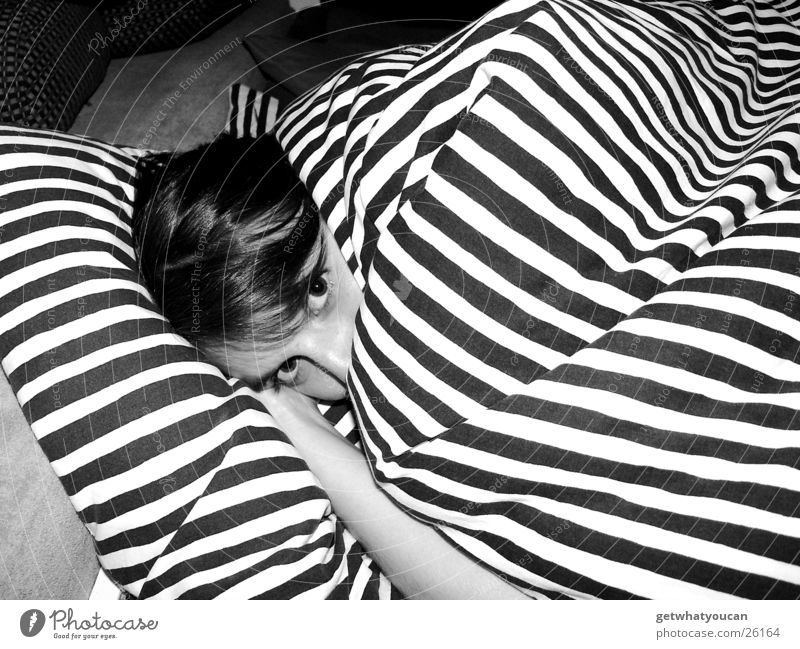 bear's den Girl Bed Near Cute Stripe Cuddling Physics Safety (feeling of) Woman Blanket Eyes Evening Hair and hairstyles Arm Head Lie Warmth Hide Nose Looking