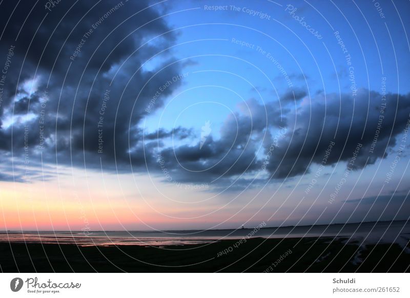 Westerhever Lighthouse Landscape Clouds Beautiful weather Coast North Sea Westerhever lighthouse Illuminate Colour photo Exterior shot Deserted Evening Twilight