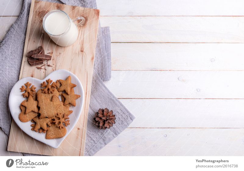 Cup of milk and Christmas cookies on white table Dessert Breakfast Beverage Lifestyle Leisure and hobbies Winter Feasts & Celebrations Christmas & Advent