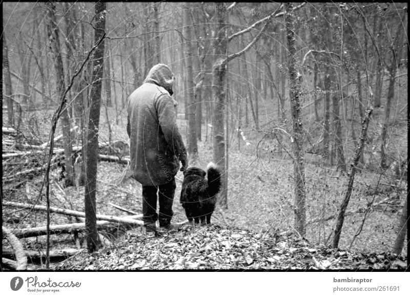 companions Human being Masculine Man Adults 1 Environment Nature Landscape Plant Tree Bushes Forest Animal Pet Dog Hiking Moody Love of animals Parka