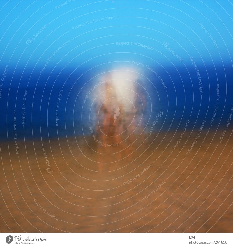 Beam me up Human being Sky Cloudless sky Beach Ocean Movement Going Illuminate Exceptional Blue Center point Surrealism Abstract Blur Radiation Diffuse