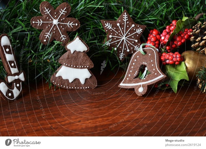 Christmas cookies. xmas holiday concept Dessert Winter Decoration Table Feasts & Celebrations Christmas & Advent New Year's Eve Tree Wood Ornament String