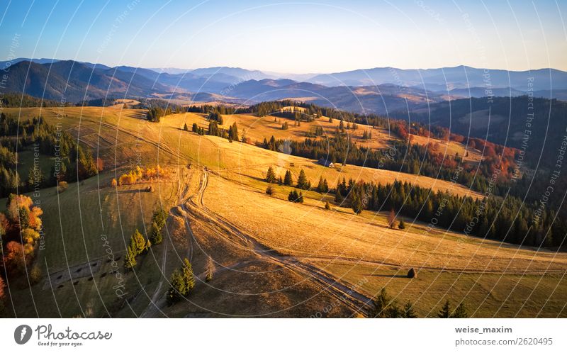 Aerial panorama view of autumn mountain range Beautiful Vacation & Travel Tourism Mountain House (Residential Structure) Nature Landscape Sky Sunrise Sunset