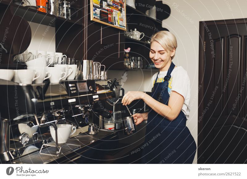 smiling young Barista making coffee in cafe Breakfast Hot Chocolate Coffee Latte macchiato Espresso Lifestyle Leisure and hobbies Human being Feminine