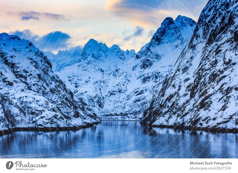 View of trollfjord with snow capped mountains on lofoten islands Vacation & Travel Ocean Island Winter Snow Mountain Hiking Nature Landscape Sky Rock Coast