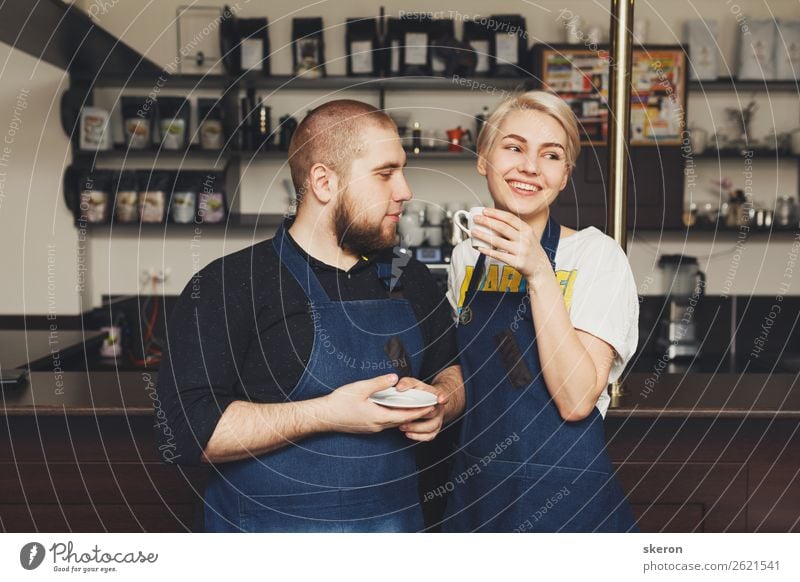 smiling Barista in the workplace at the coffee shop Food Lunch Buffet Brunch Business lunch Hot drink Hot Chocolate Coffee Latte macchiato Espresso Tea