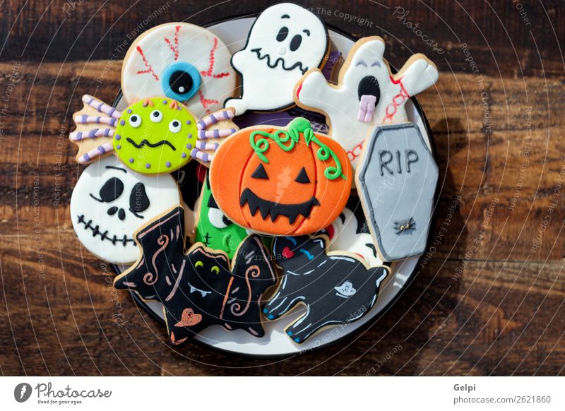 Happy Halloween Dessert Plate Joy Decoration Feasts & Celebrations Hallowe'en Autumn Cat Spider Delicious Black White Fear holiday food Pumpkin Flour hat witch